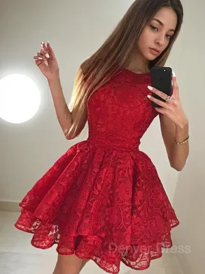 A-Line Scoop Short Lace Homecoming Dresses With Lace