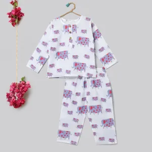 A Parade of Elephants  Kurta Pyjama Set in Mauve