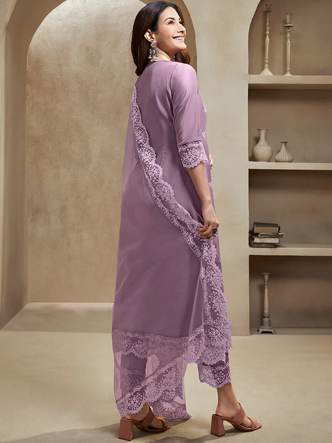 Amyra Dastur Lavender Floral Embroidered Regular Thread Work A-Line Kurta with Trousers & Dupatta