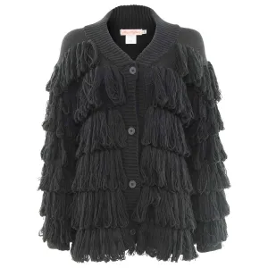 Button Up Fringe Sweater Coat - Black