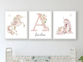 Floral Unicorn Nursery Prints - Personalised