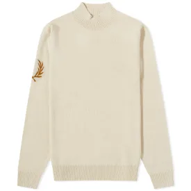 Fred Perry Intarsia Laurel Wreath Mock Neck Knit Sweater, Cream