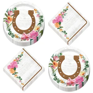 Horse Party Wood & Floral Party Horseshoe Paper Dessert Plates and Beverage Napkins For Cowgirl Party Decorations (16 Plates & Napkins)