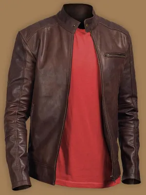 Men's Polished Brown Leather Jacket with Snap Tab Collar