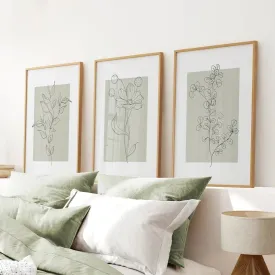 Pastel Wild Flowers Set of 3 Prints. Botanical Line Art