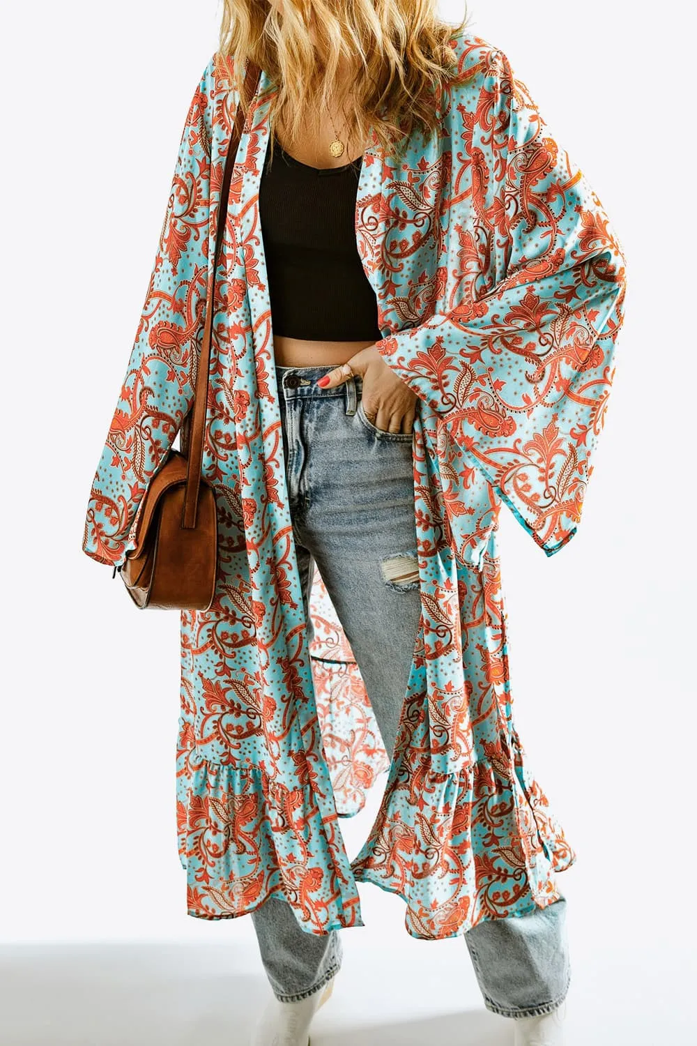 Printed Open Front Duster Cardigan