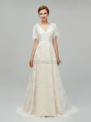 Simple Half Sleeves V Back Lace A Line Long Wedding Dresses XDM1112